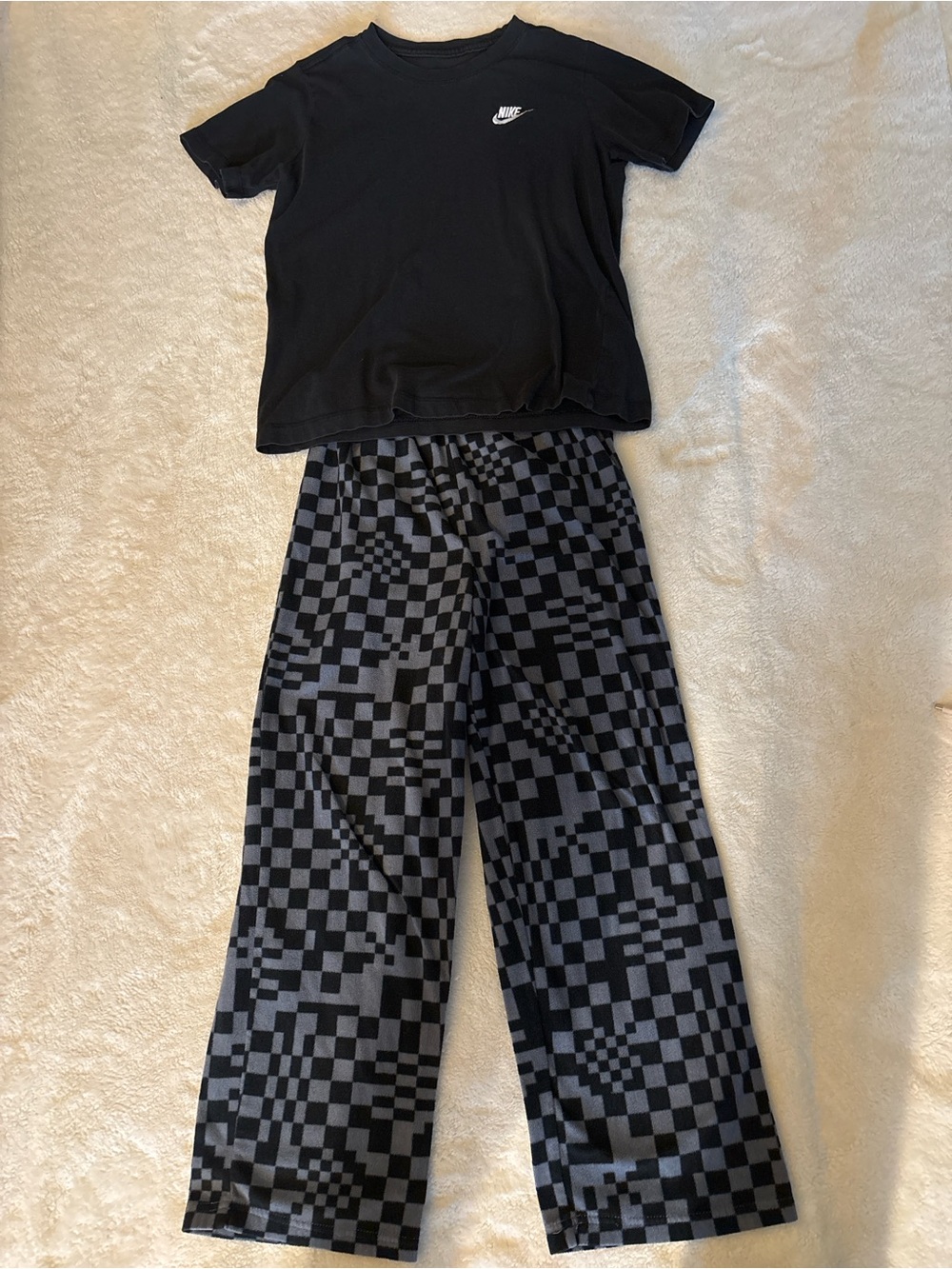 Nike Black Tee with Black & Gray Checker Pajama Pants